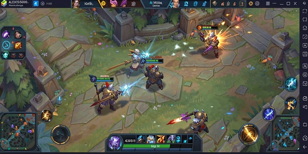 Screenshot gameplay ALEXIS500 dengan pertarungan intens di arena MOBA.