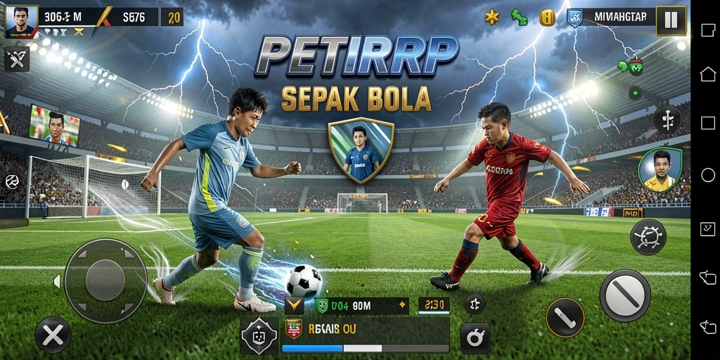 Tangkapan layar utama dari gameplay <strong>PETIRRP</strong> yang menampilkan aksi di lapangan sepak bola.