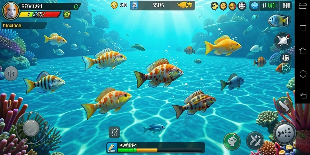 Tampilan gameplay RPVIP1 yang menarik dengan banyak ikan berwarna-warni.